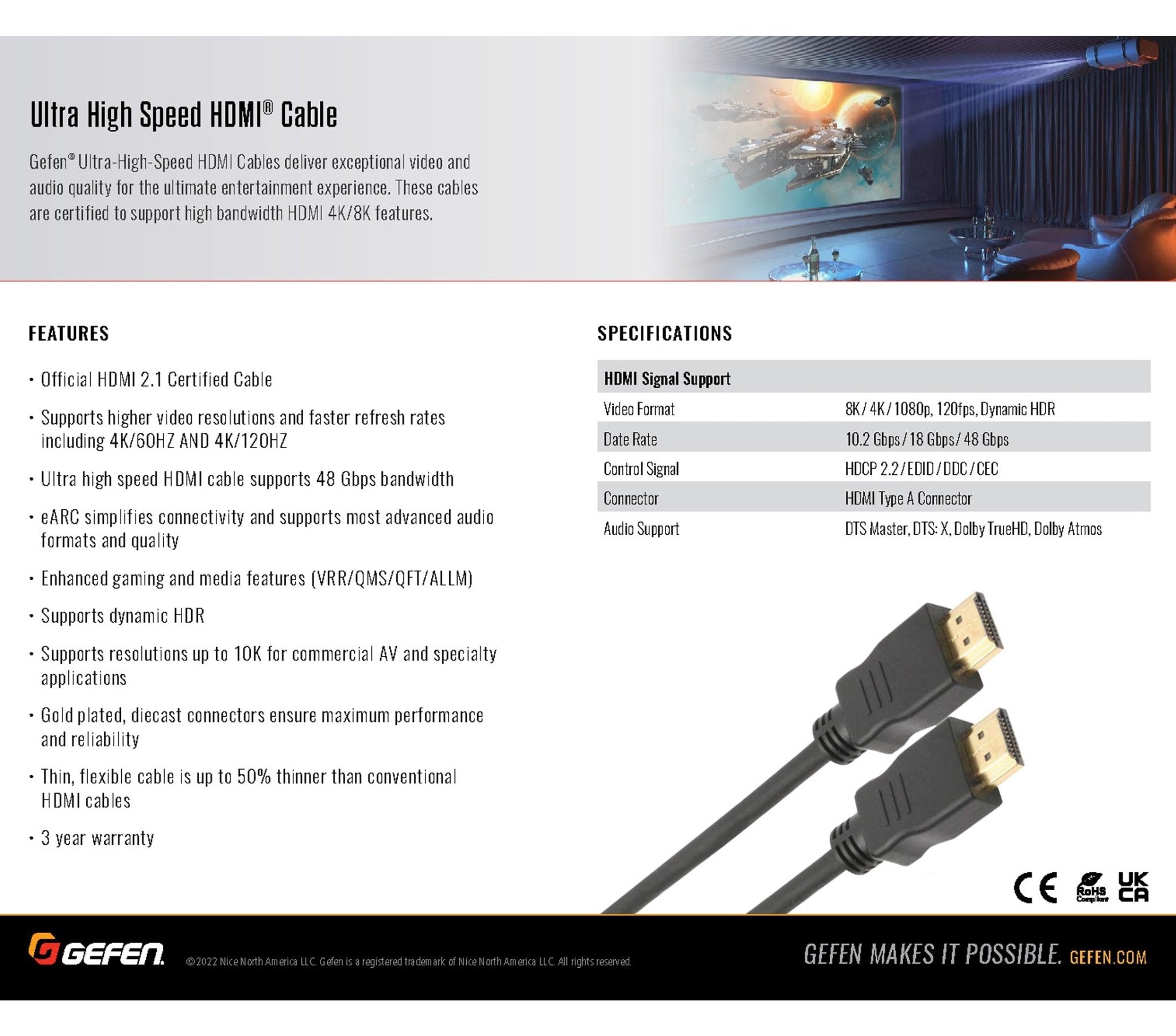 0.5 - Meter (1.6 Feet) Ultra High Speed 8K HDMI 2.1 Cable, 48 Gbps for 4K/120Hz & Dynamic HDR (GEF - CAB - HS - HDMI - 0.5M) - GEF - CAB - HS - HDMI - 0.5M - Gefen
