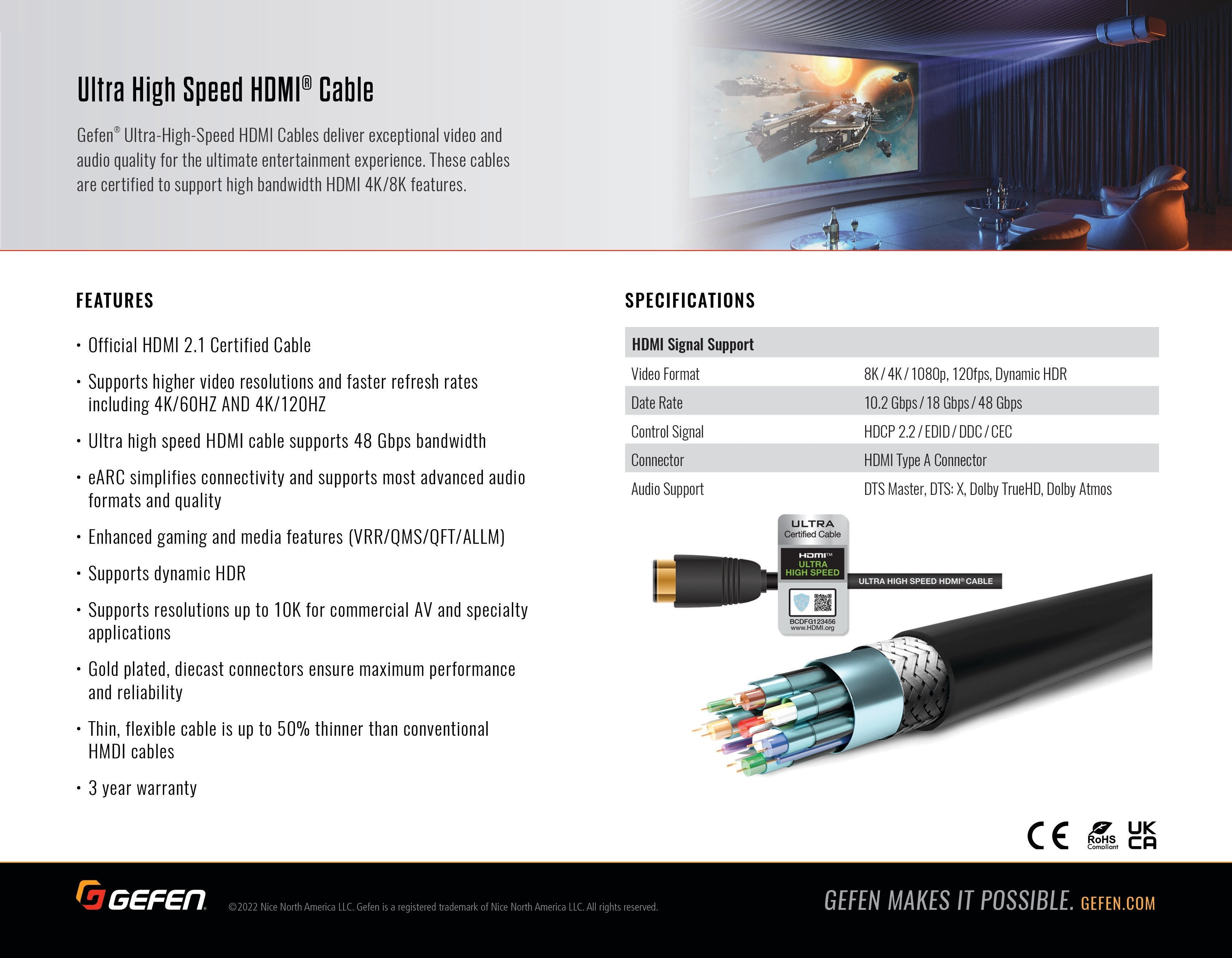 15 Meter (49 Feet) Active Ultra High Speed HDMI 2.1 Cable, 8K/4K 120Hz, 48Gbps, HDR10+ (GEF-CAB-HS-HDMI-15M) - GEF-CAB-HS-HDMI-15M - Gefen